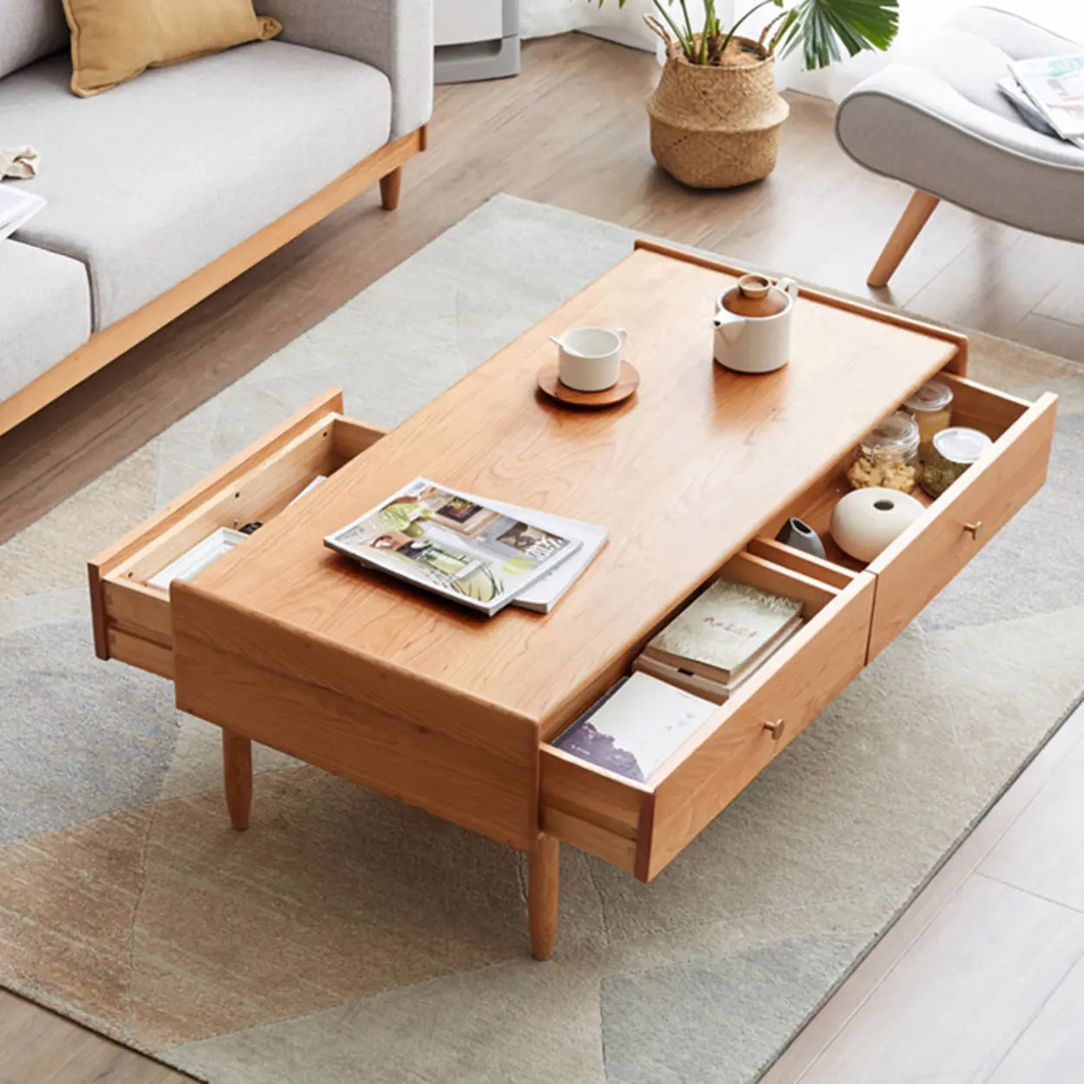 Rusitc Rectangular Natural Wood Coffee Table with Drawers Image - 2