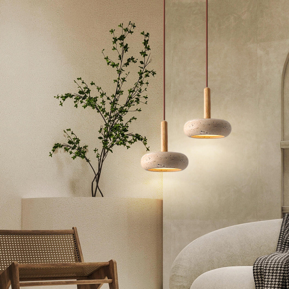 Rusti Natural Finish Sintered Stone Drum Pendant Light Image - 2