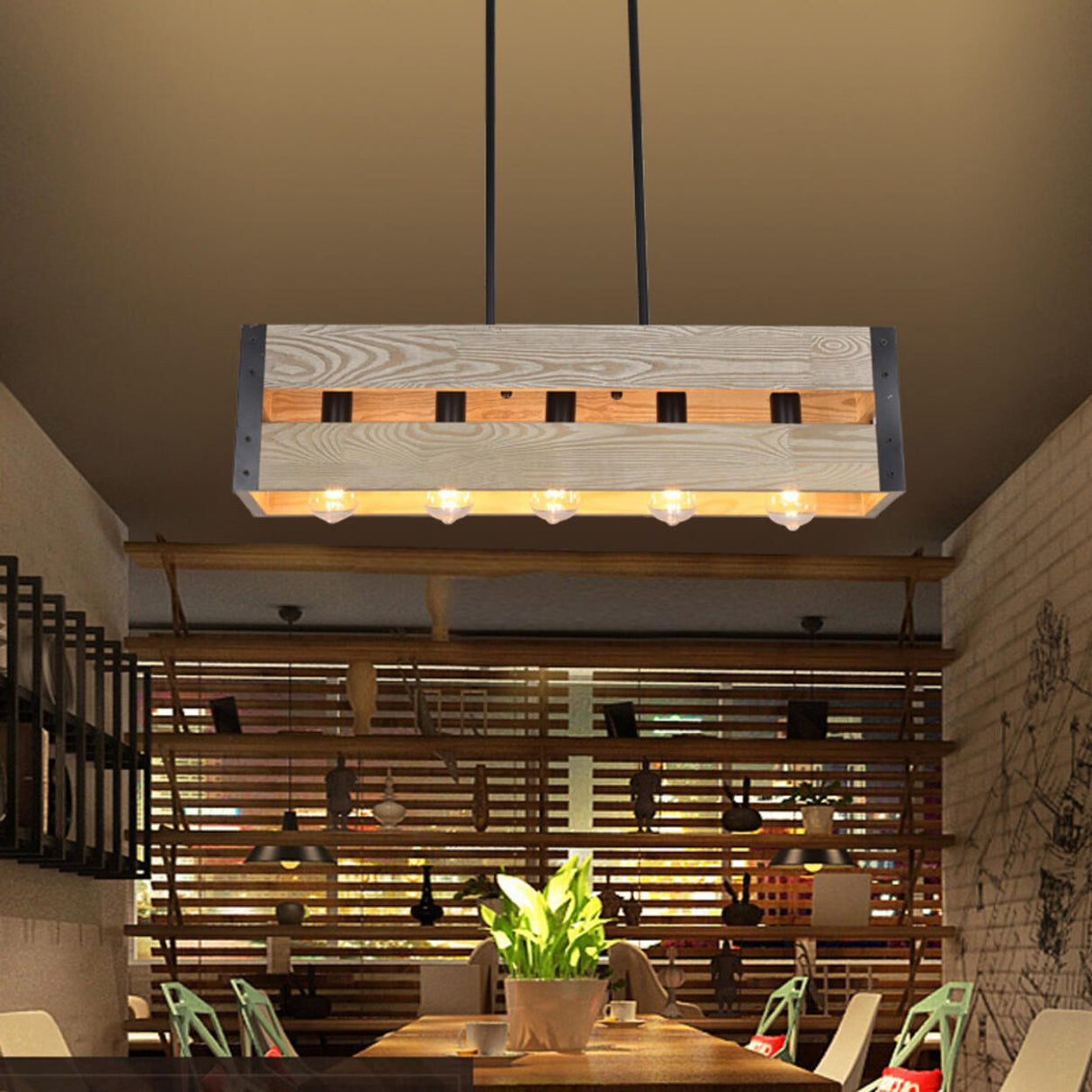 Rustic 5-Light Wooden Rectangular Island Hanging Light Image - 5