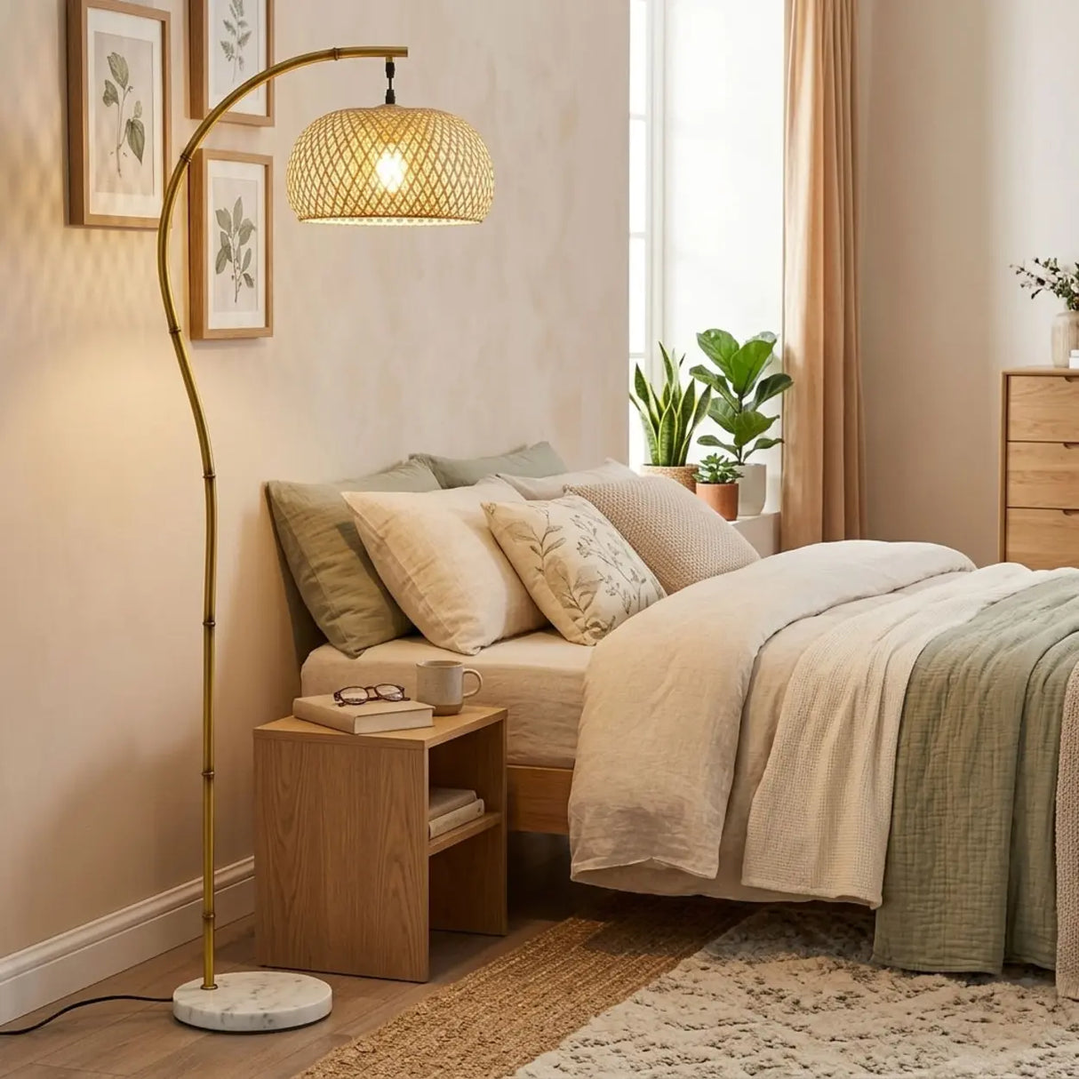 Rustic Arched Weaving Bamboo Foot Switch Floor Lamp Image - 1