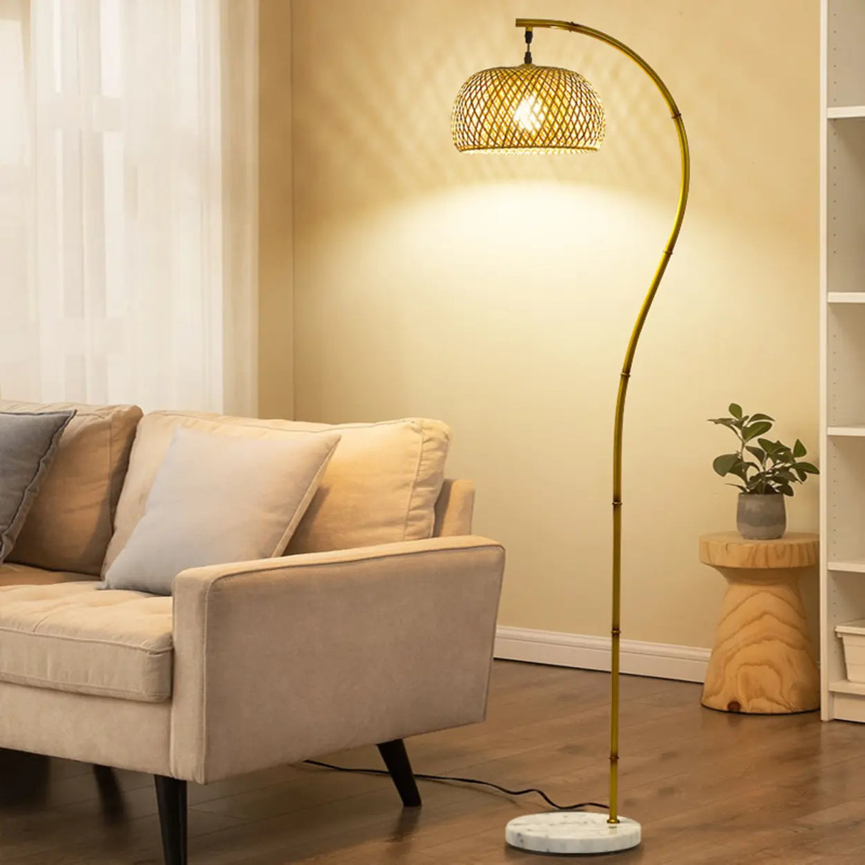 Rustic Arched Weaving Bamboo Foot Switch Floor Lamp Image - 4