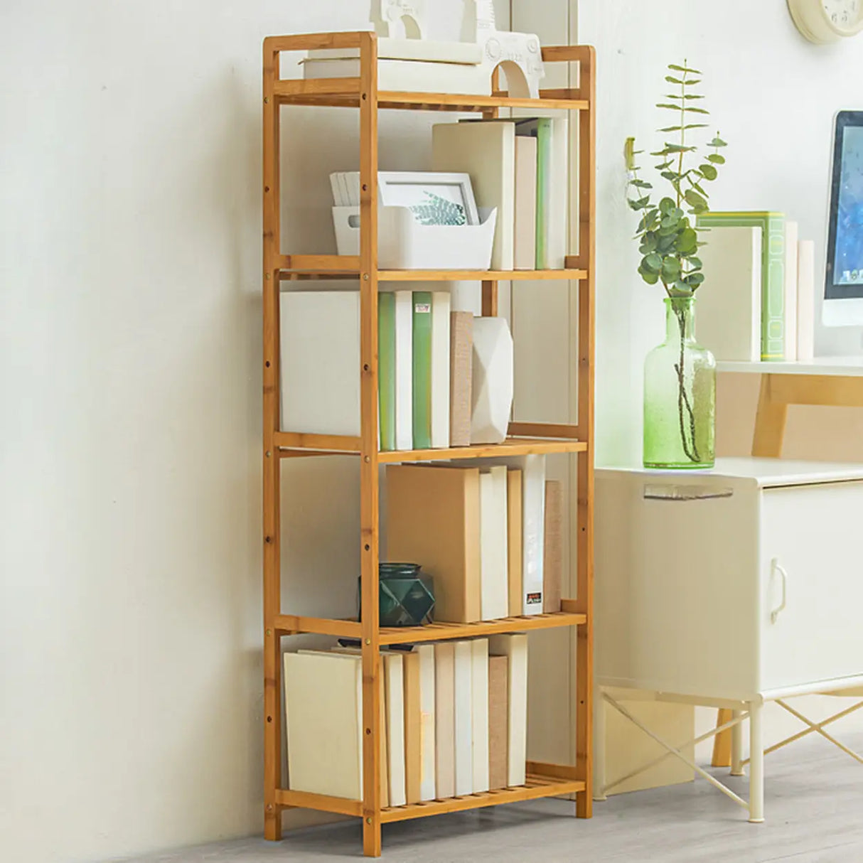 Rustic Bamboo Rectangular Open Shelf Storage Bookshelf Image - 14