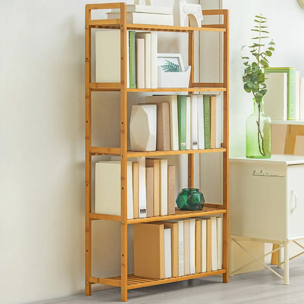 Rustic Bamboo Rectangular Open Shelf Storage Bookshelf Image - 15