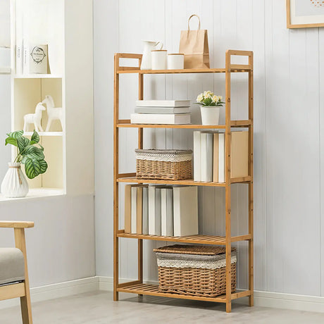 Rustic Bamboo Rectangular Open Shelf Storage Bookshelf Image - 1
