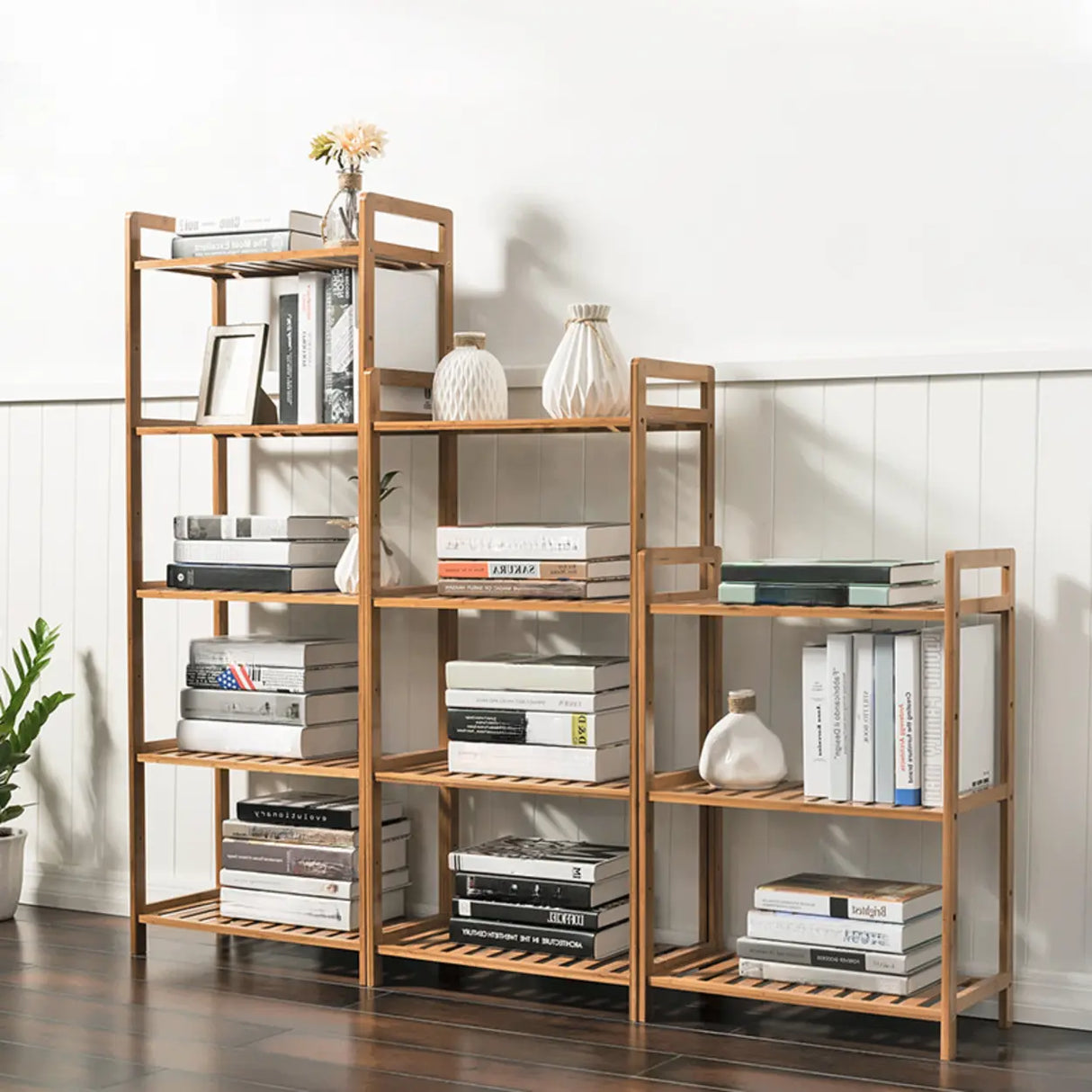 Rustic Bamboo Rectangular Open Shelf Storage Bookshelf Image - 2