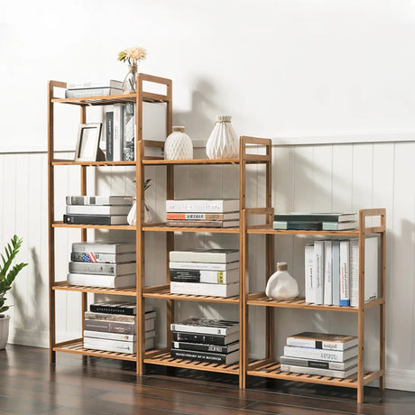 Rustic Bamboo Rectangular Open Shelf Storage Bookshelf Image - 2