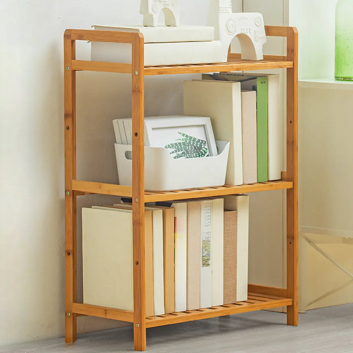 Rustic Bamboo Rectangular Open Shelf Storage Bookshelf Image - 8