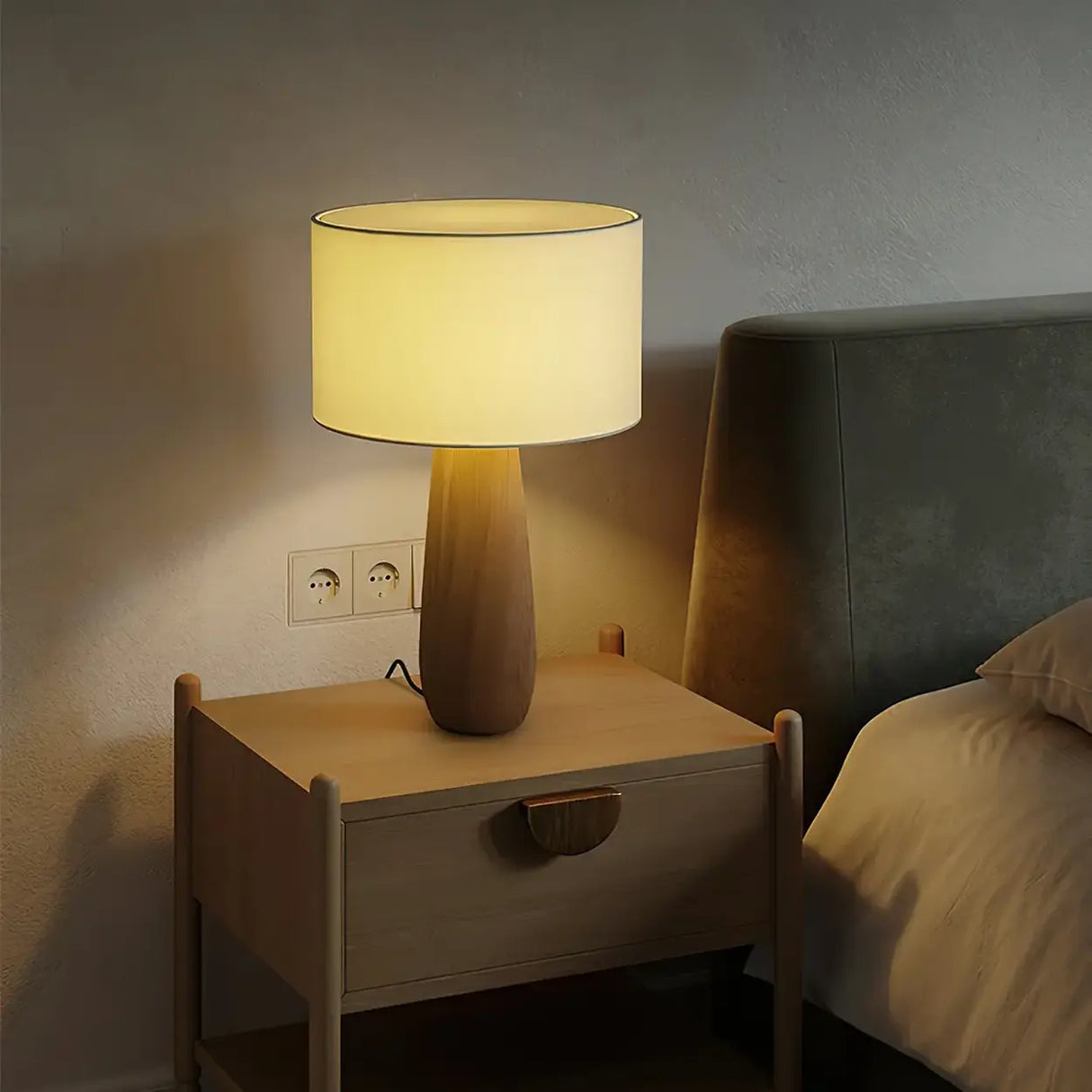 Rustic Bedroom Organic Drum Shade Wood Table Lamp Image - 14