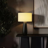 Rustic Bedroom Organic Drum Shade Wood Table Lamp Image - 2