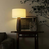Rustic Bedroom Organic Drum Shade Wood Table Lamp Image - 7