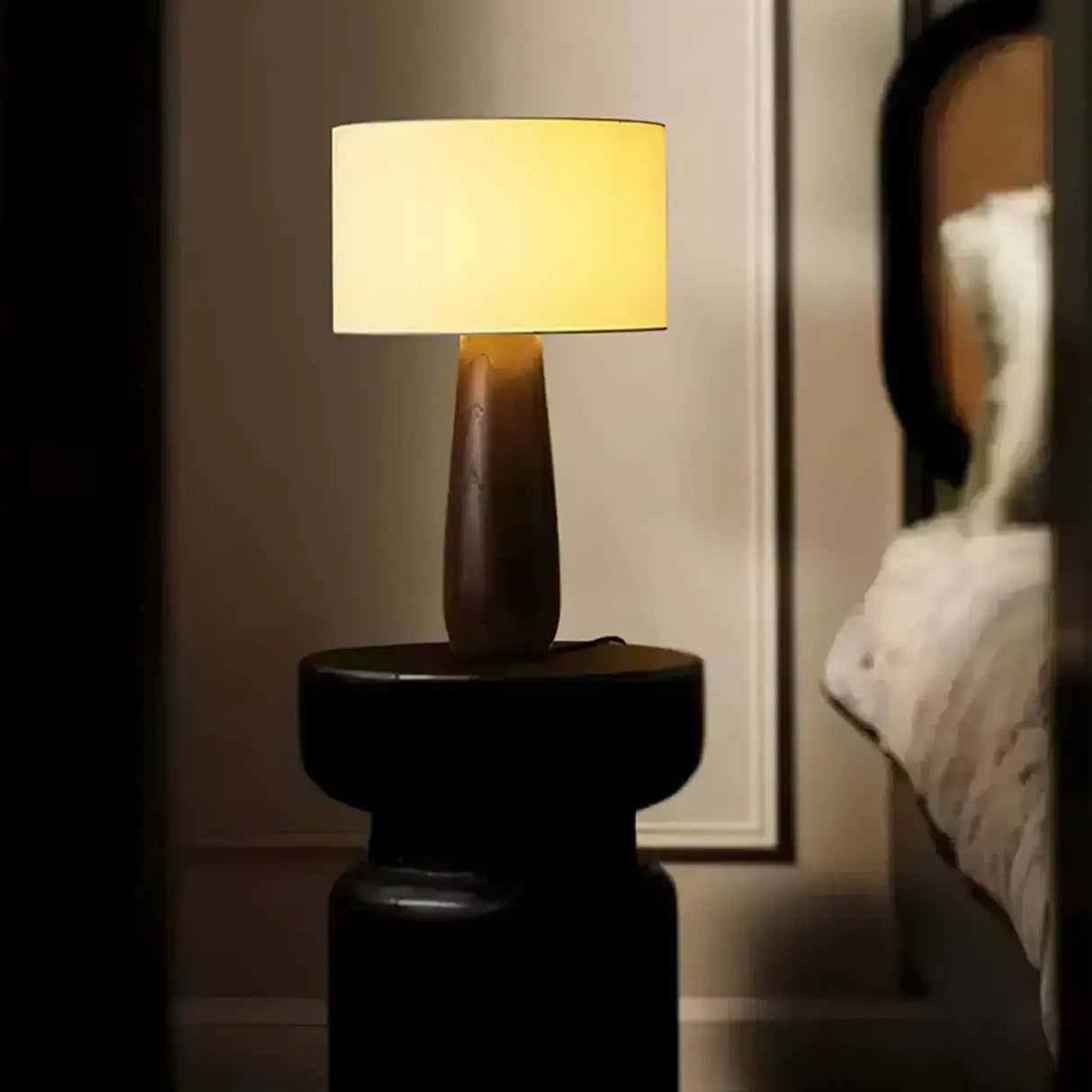 Rustic Bedroom Organic Drum Shade Wood Table Lamp Image - 8