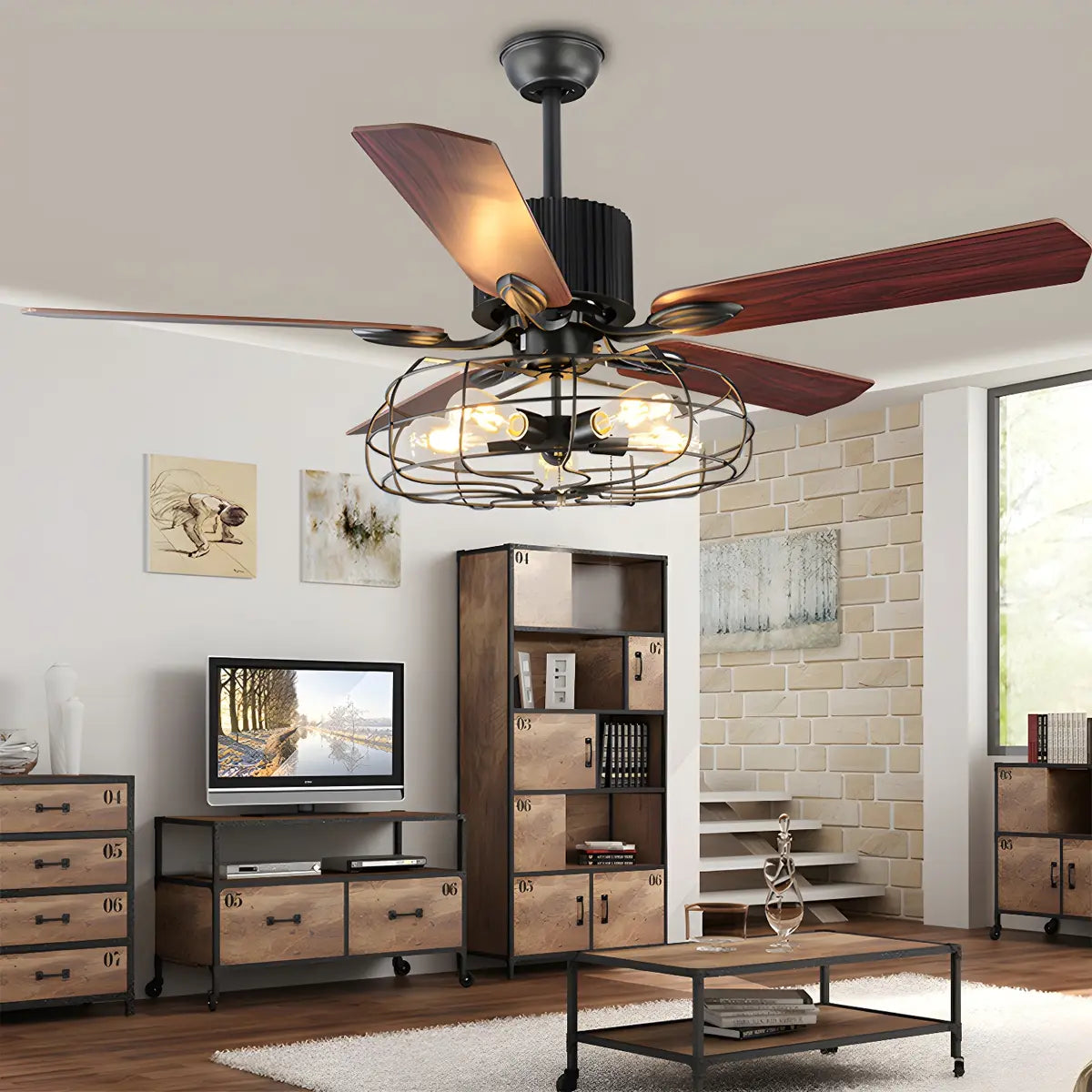 Rustic Black Caged Wall Control Metal Ceiling Fan with Light Image - 1
