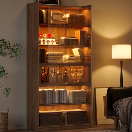 Rustic Brown Ash Wood Glass Doors Display Bookcase Image - 1