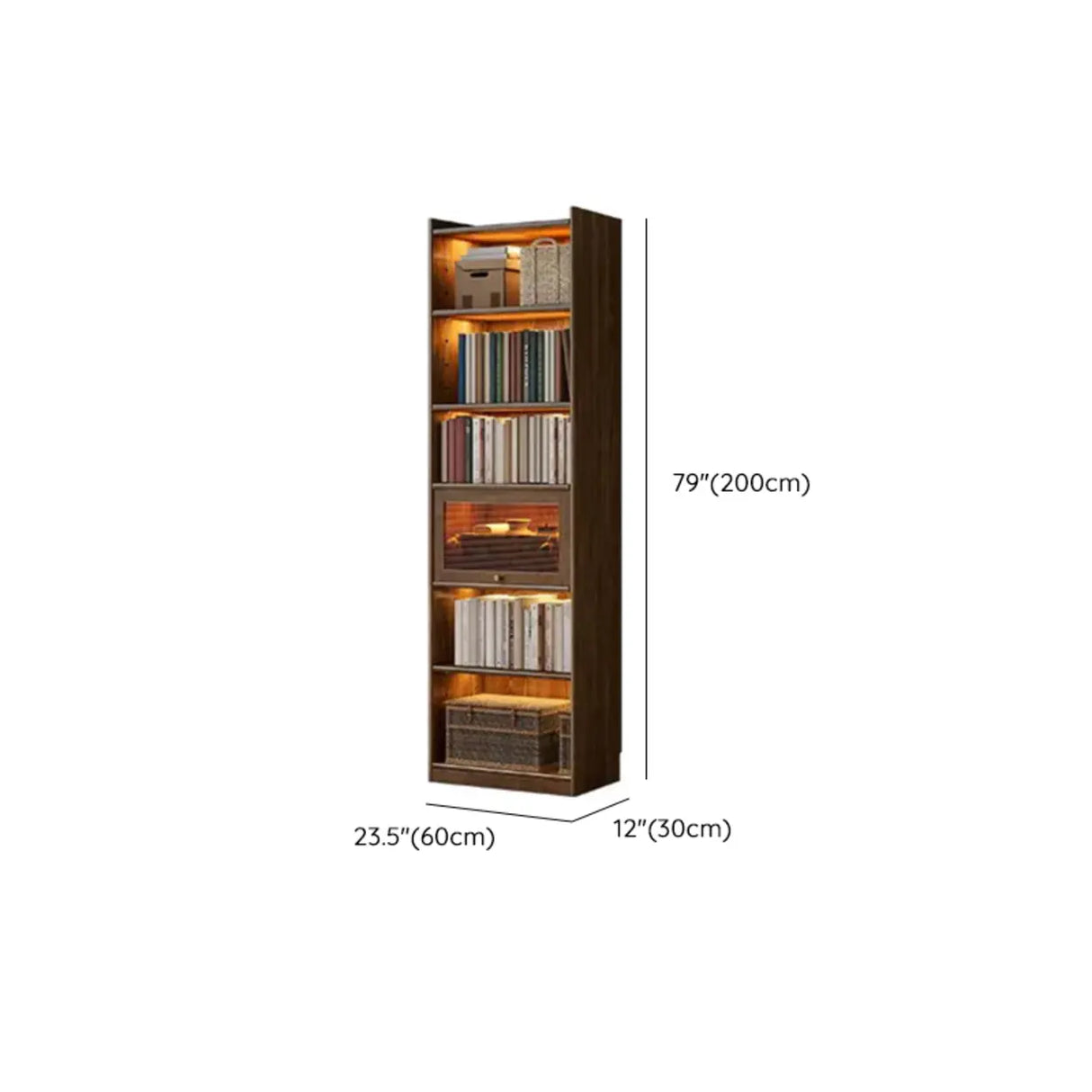 Rustic Brown Ash Wood Glass Doors Display Bookcase 