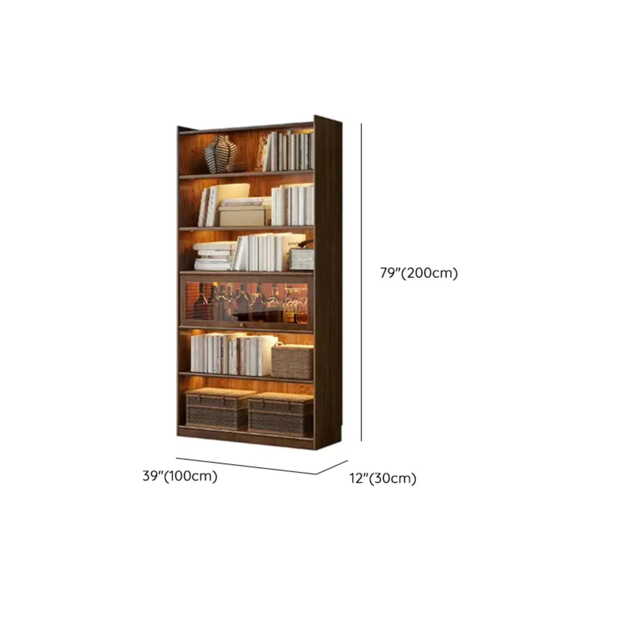 Rustic Brown Ash Wood Glass Doors Display Bookcase Image - 14