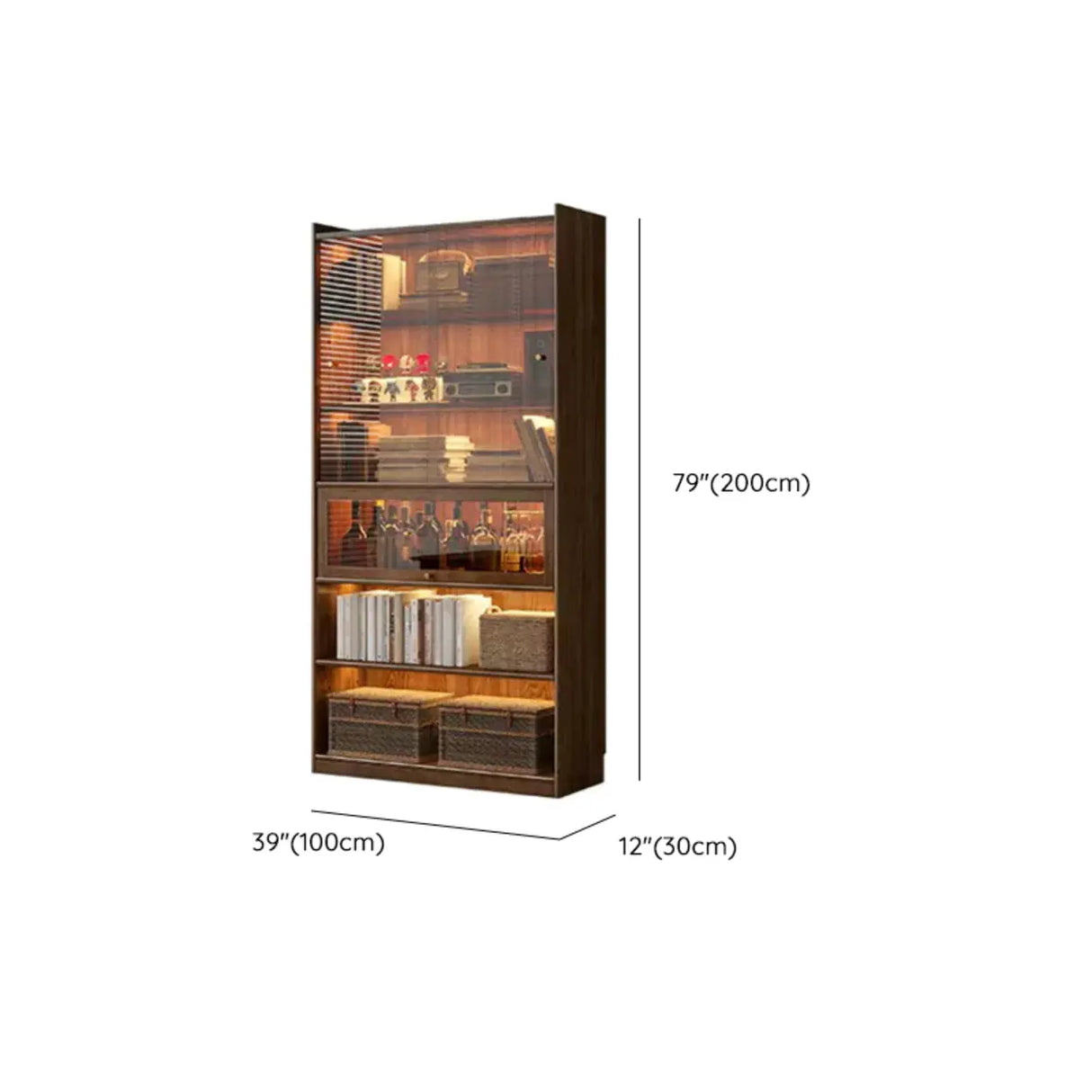 Rustic Brown Ash Wood Glass Doors Display Bookcase Image - 15