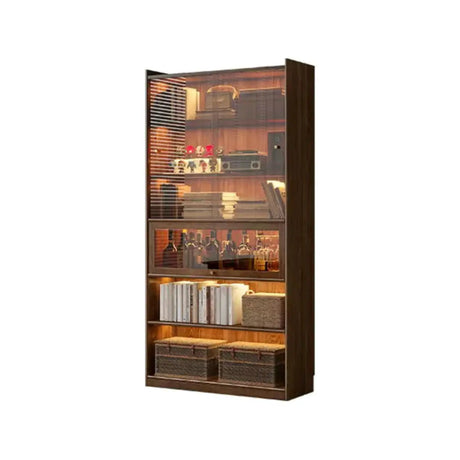 Rustic Brown Ash Wood Glass Doors Display Bookcase Image - 2