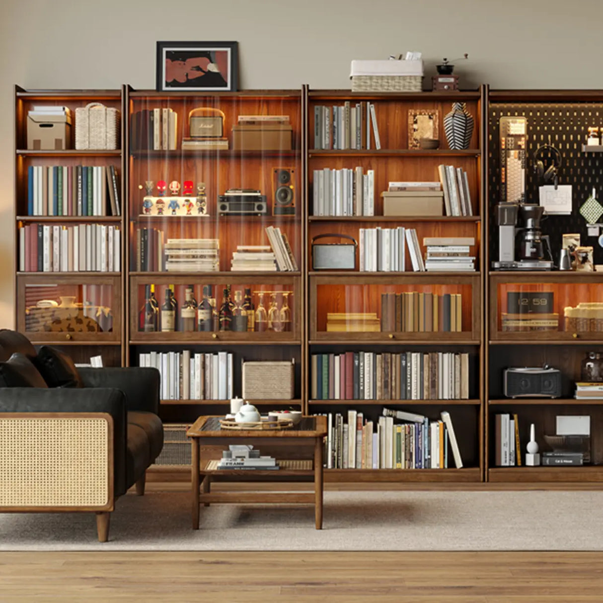 Rustic Brown Ash Wood Glass Doors Display Bookcase Image - 4