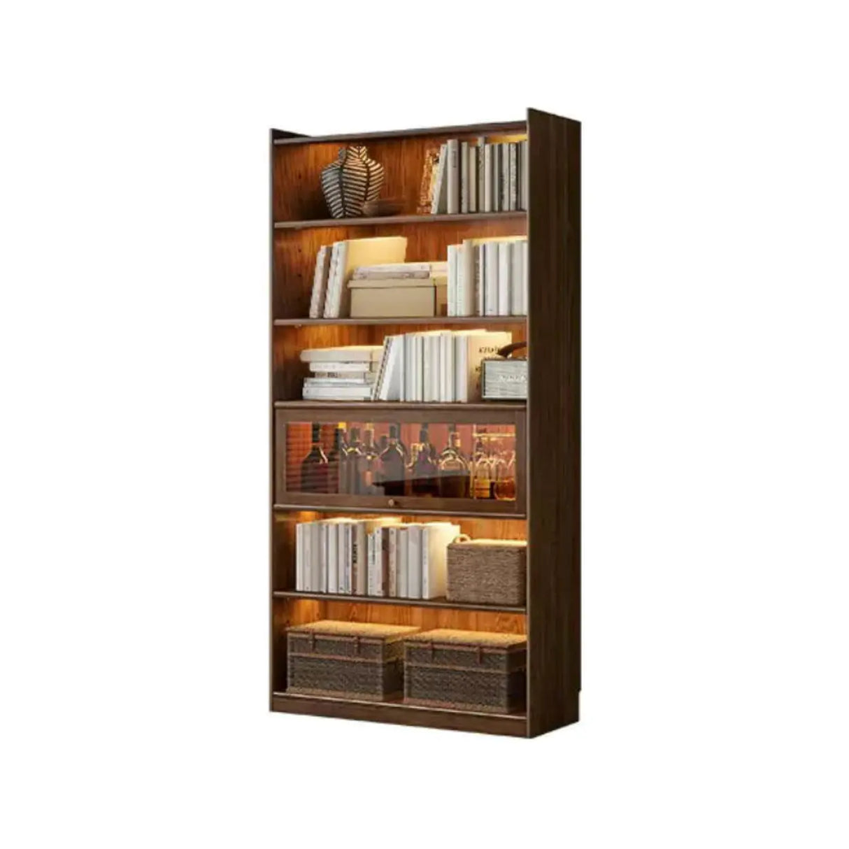 Rustic Brown Ash Wood Glass Doors Display Bookcase Image - 5