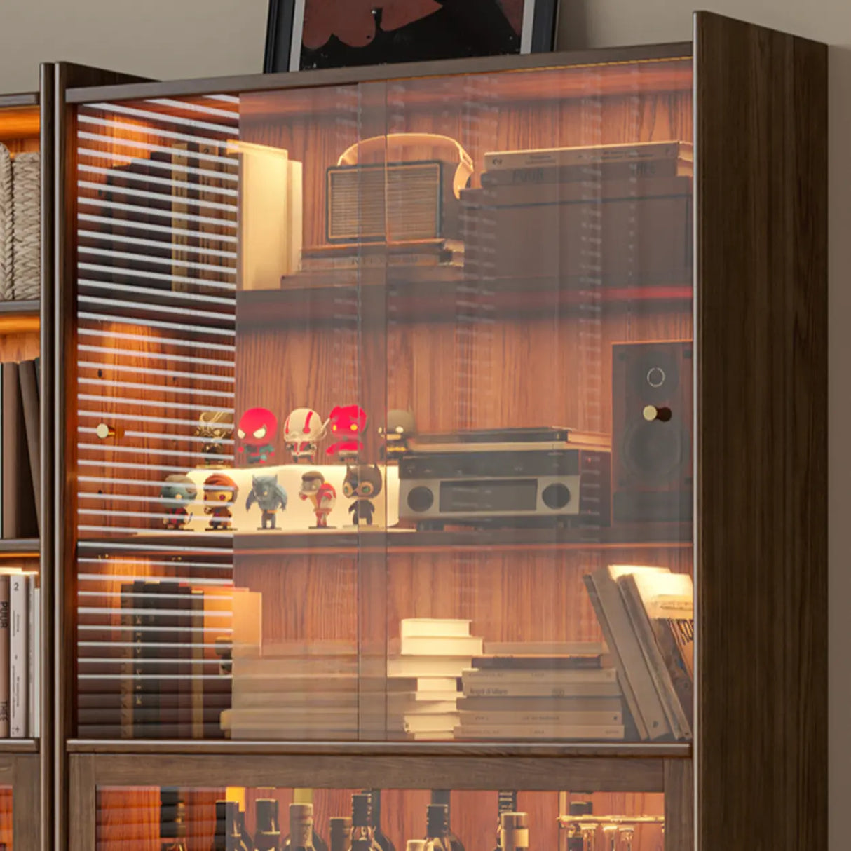 Rustic Brown Ash Wood Glass Doors Display Bookcase Image - 6