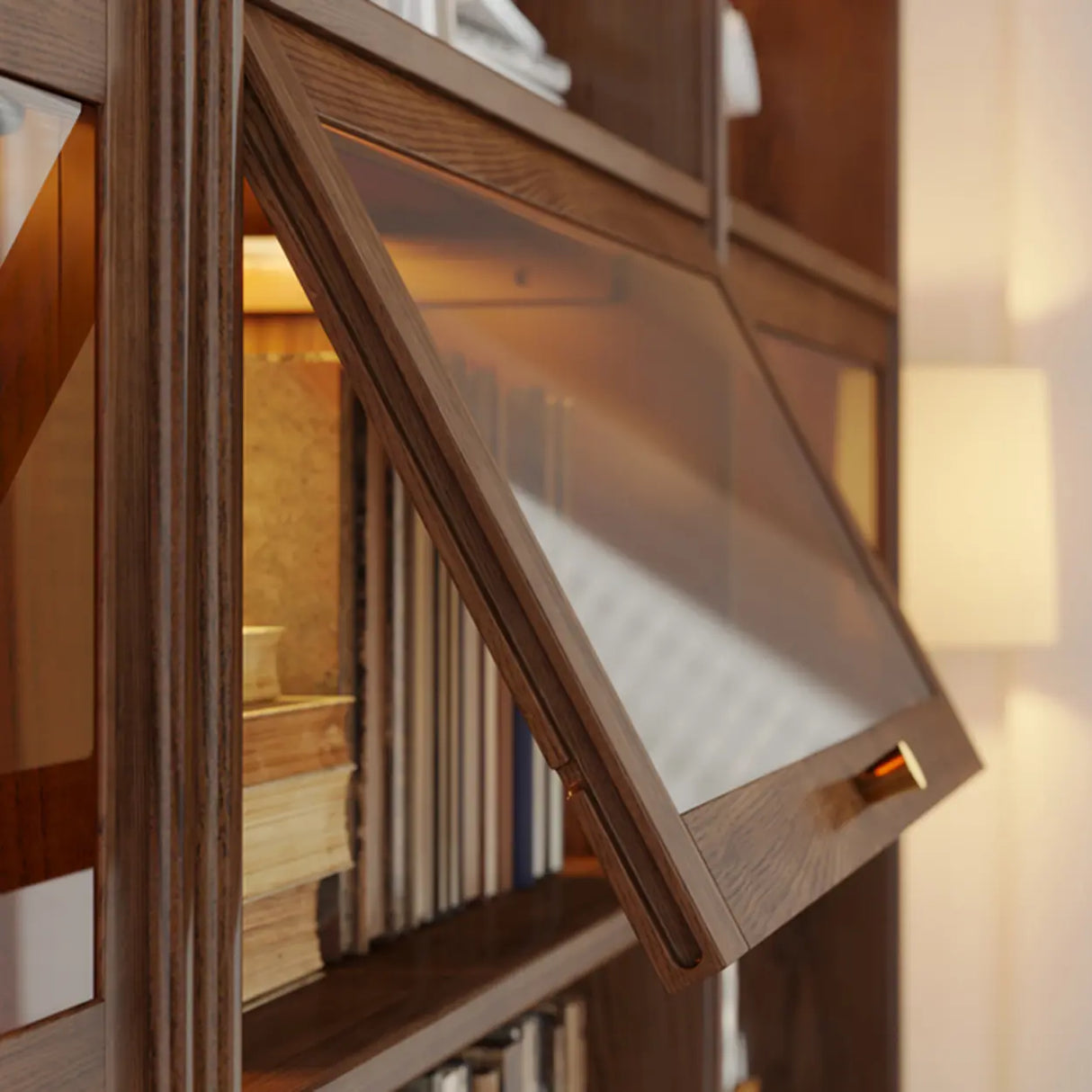 Rustic Brown Ash Wood Glass Doors Display Bookcase Image - 9