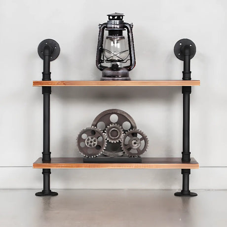 Rustic Brown Industrial Iron Pipe Wall-Mount Bookshelf Image - 2