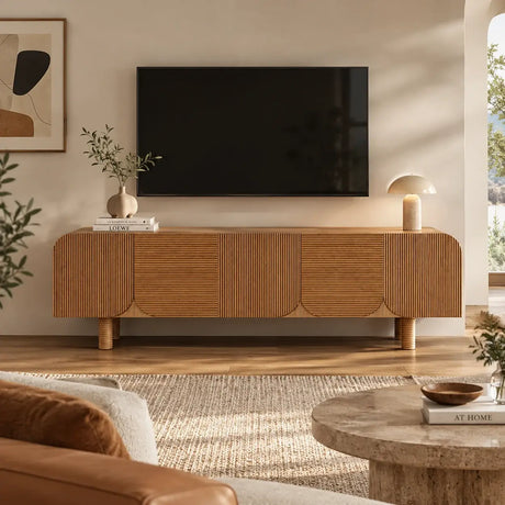 Rustic Brown Wooden Long Curved TV Stand with Cabinet Image - 1