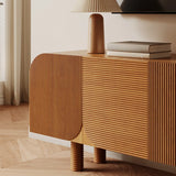 Rustic Brown Wooden Long Curved TV Stand with Cabinet Image - 7
