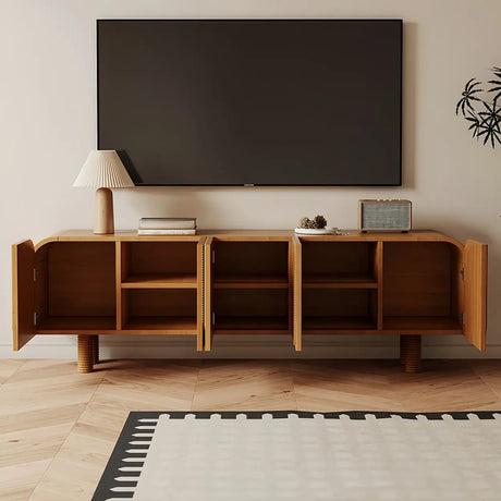 Rustic Brown Wooden Long Curved TV Stand with Cabinet Image - 2