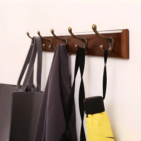 Rustic Brown Wooden Wall-Mount Coat Rack with Hooks Image - 1