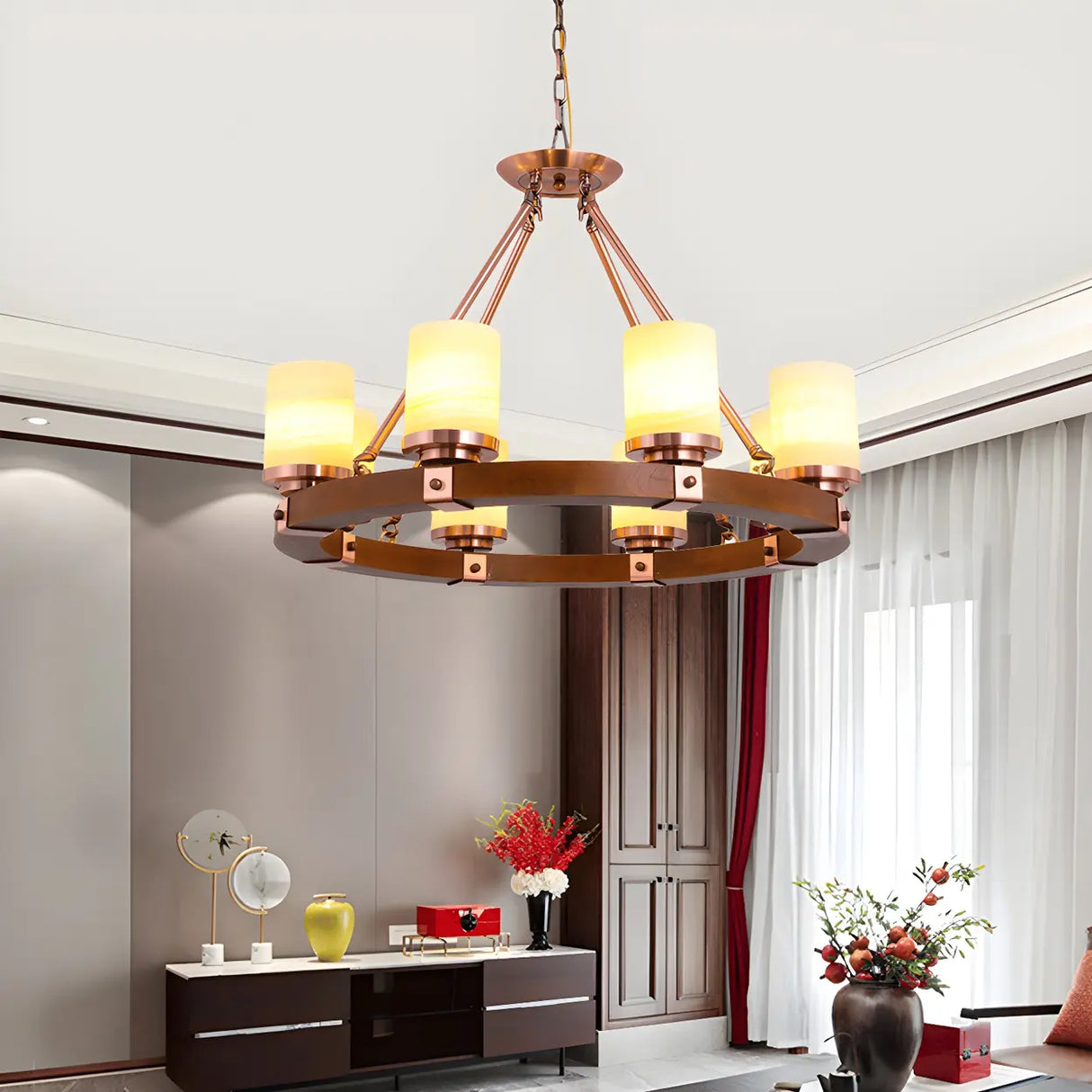 Rustic Classic Living Room Circular Cylinder Chandelier Image - 13