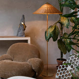 Rustic Cone Rattan Fabric Gold Base Rocker Switch Floor Lamp Image - 1