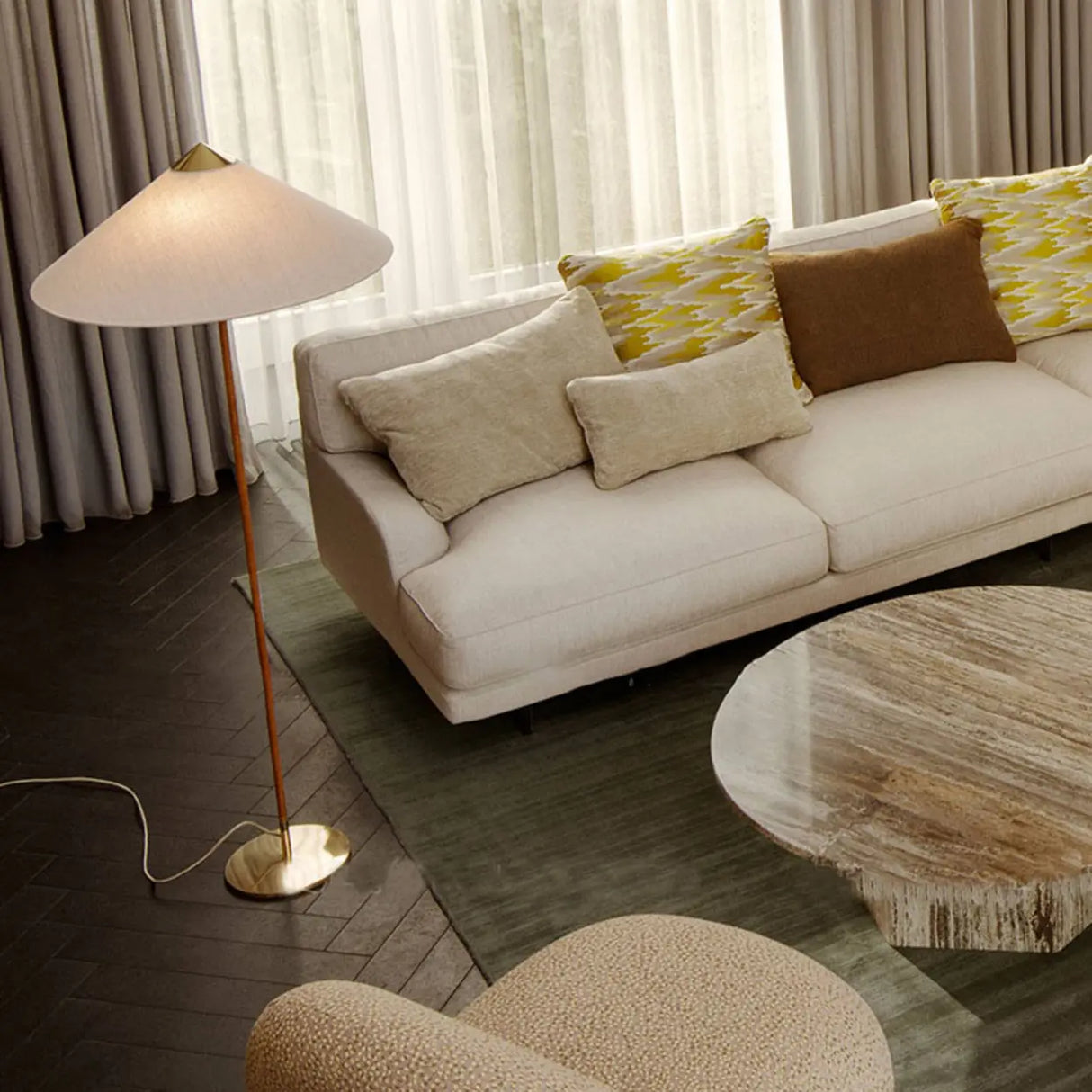 Rustic Cone Rattan Fabric Gold Base Rocker Switch Floor Lamp Image - 3