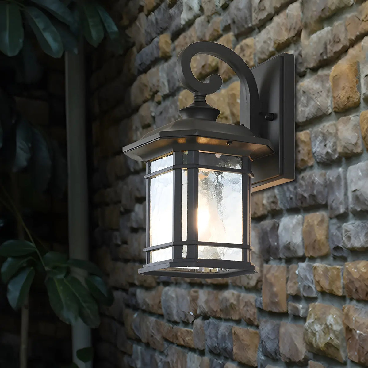 Black 110V-120V Rustic Curved and Square Exterior Lantern Wall Sconce Image - 7