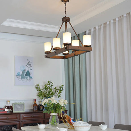 Rustic Cylindrical Brown Wooden Dining Room Chandelier Image - 1