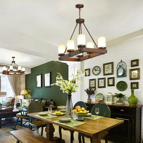 Rustic Cylindrical Brown Wooden Dining Room Chandelier Image - 2