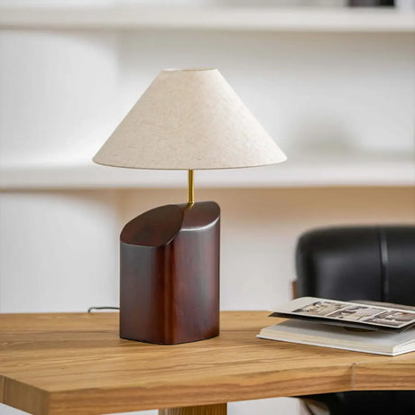 Rustic Dark Wood Walnut Geometric Inline Switch Table Lamp Image - 1