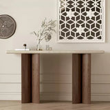 Rustic Entryway Wood Pedestal Beige Stone Top Console Table Image - 1