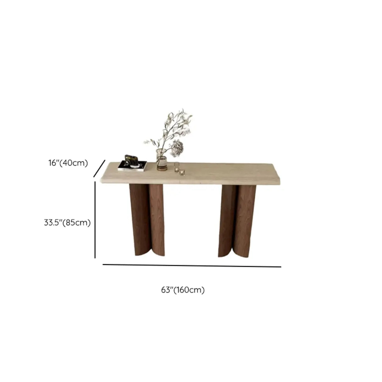 Rustic Entryway Wood Pedestal Beige Stone Top Console Table Image - 10