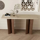 Rustic Entryway Wood Pedestal Beige Stone Top Console Table Image - 2