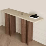 Rustic Entryway Wood Pedestal Beige Stone Top Console Table Image - 3