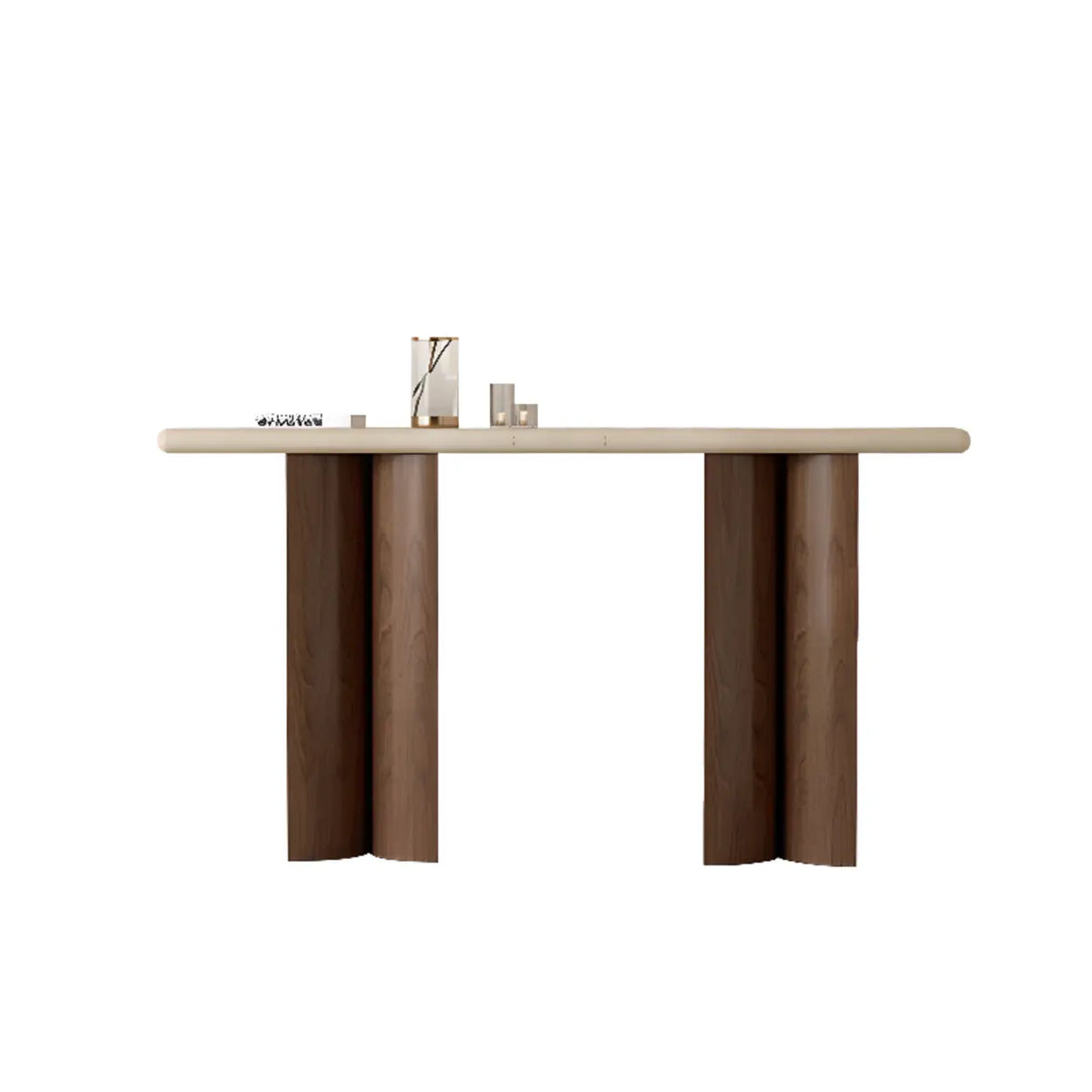 Rustic Entryway Wood Pedestal Beige Stone Top Console Table Image - 4