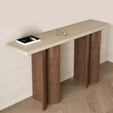 Rustic Entryway Wood Pedestal Beige Stone Top Console Table Image - 5