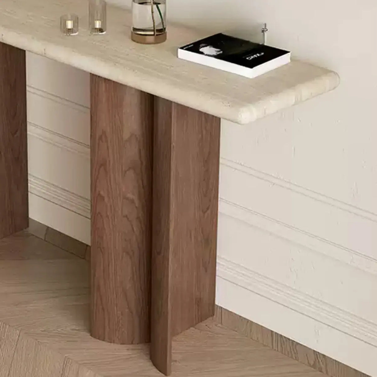 Rustic Entryway Wood Pedestal Beige Stone Top Console Table Image - 6