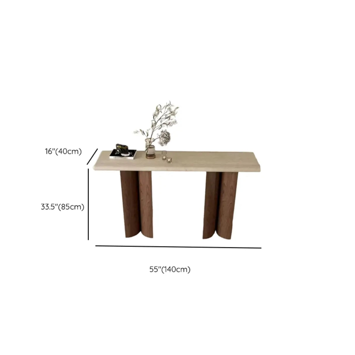 Rustic Entryway Wood Pedestal Beige Stone Top Console Table Image - 8