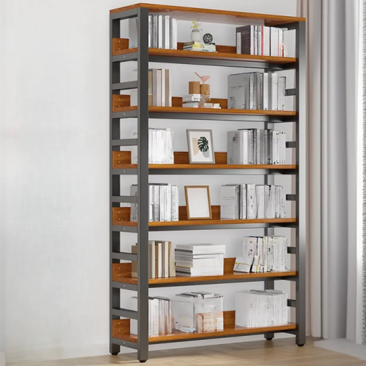 Rustic Espresso Metal Open-Back Display Tall Bookcase Image - 1