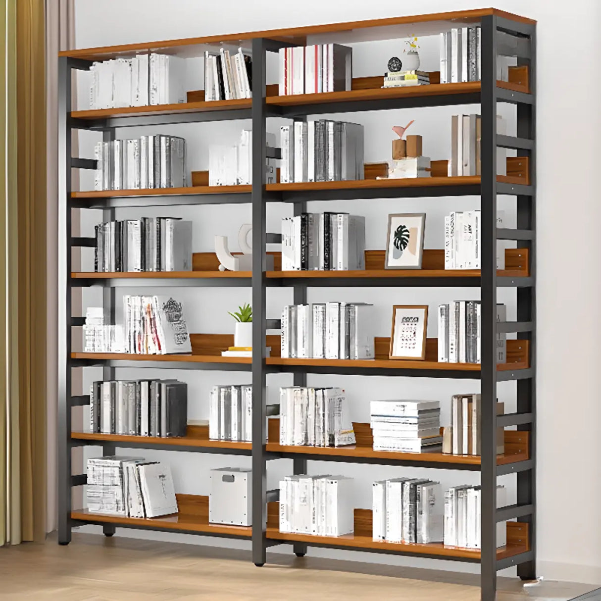 Rustic Espresso Metal Open-Back Display Tall Bookcase Image - 11