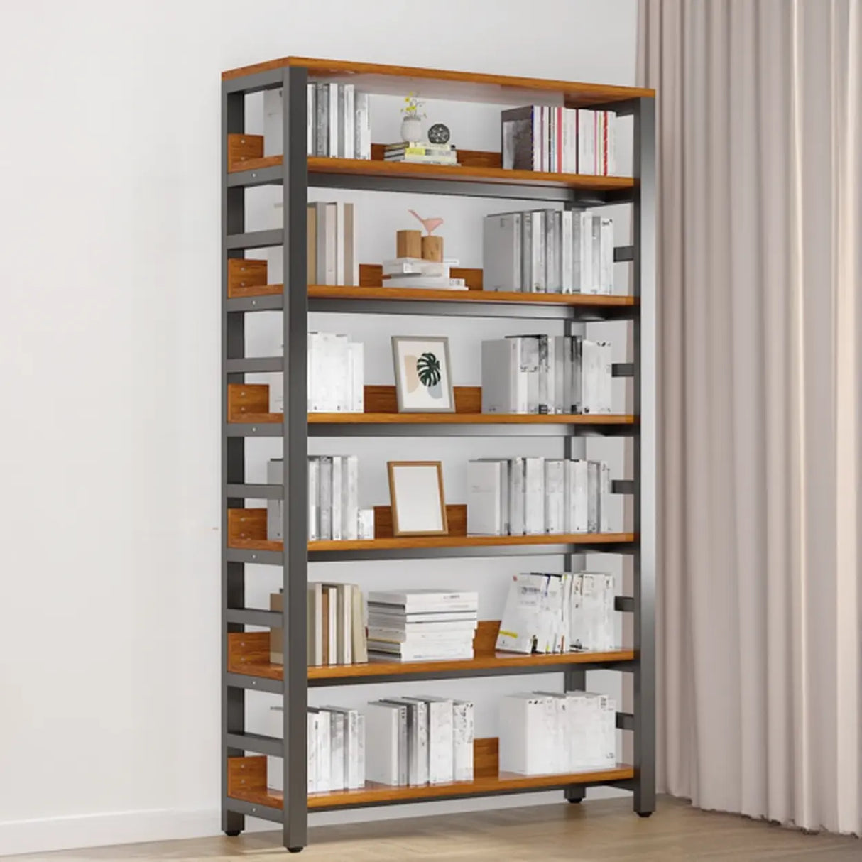 Rustic Espresso Metal Open-Back Display Tall Bookcase Image - 3