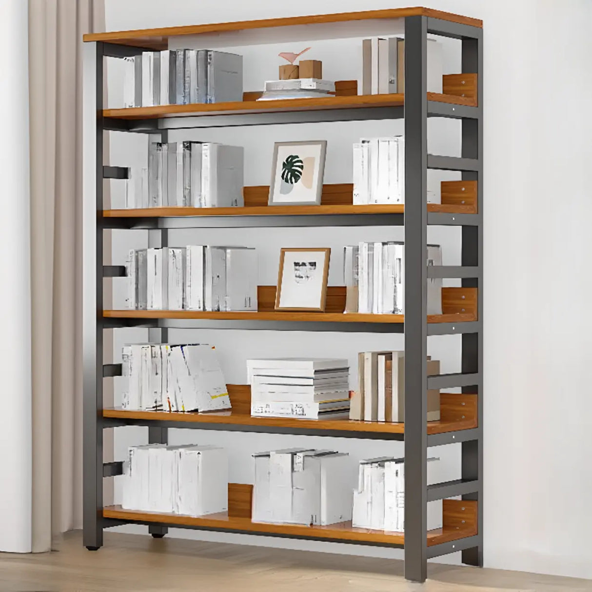 Rustic Espresso Metal Open-Back Display Tall Bookcase Image - 4