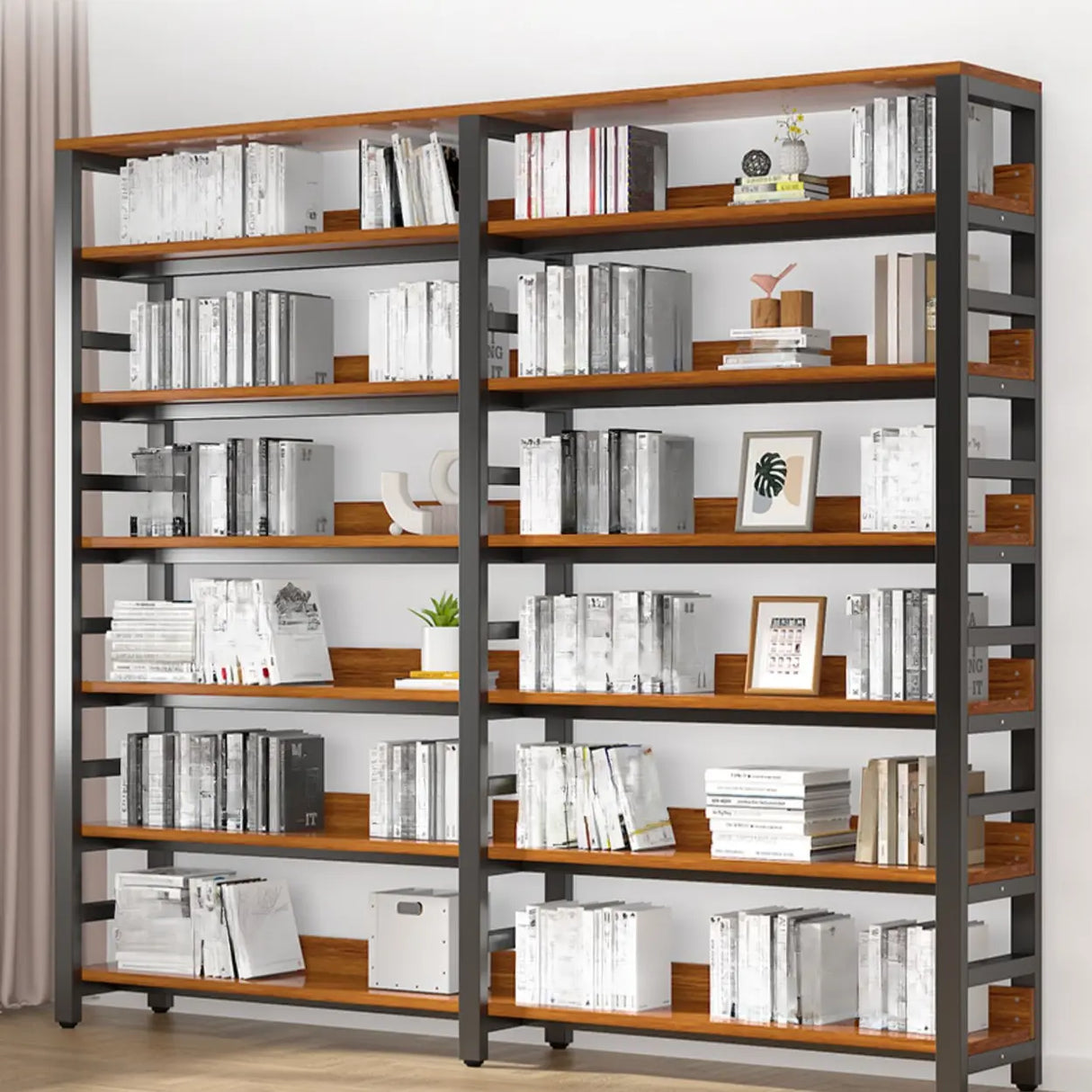 Rustic Espresso Metal Open-Back Display Tall Bookcase Image - 5